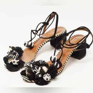 NEW Aquazzura Suede Bead Pom Pom Block Heel Ankle Wrap Sandals